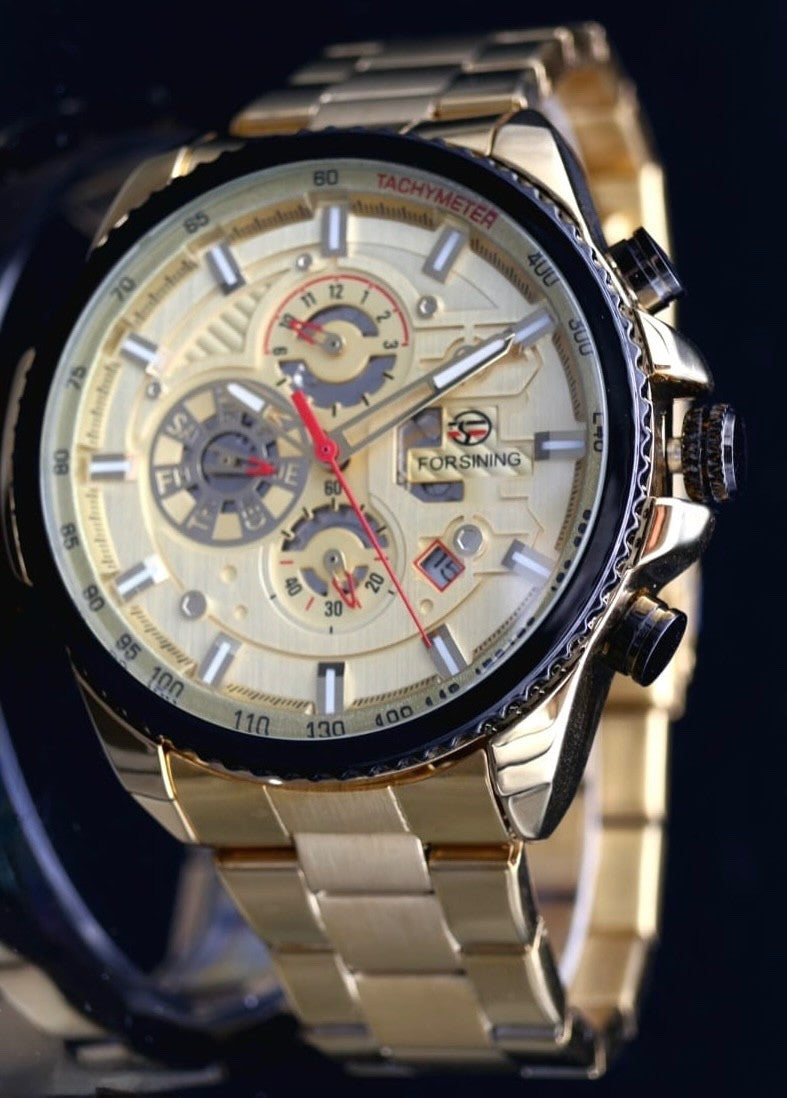 Exklusive Herren Männer Automatik Uhr Gold Farben sportliches Design Kalender0