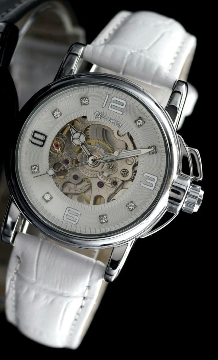 Winner Damen Automatikuhr Skelett Uhr Modisch Silber Weiß  Farben Leder Strass0