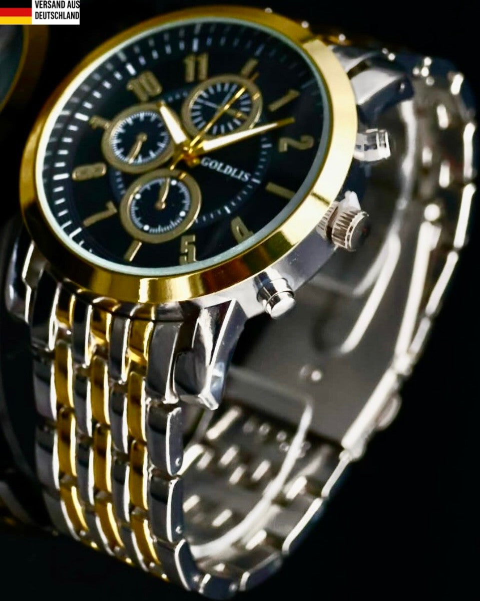 Herren Armband Männer Uhr  Schwarz SilberGold Farben Chrono-Look Bicolor * NEU0