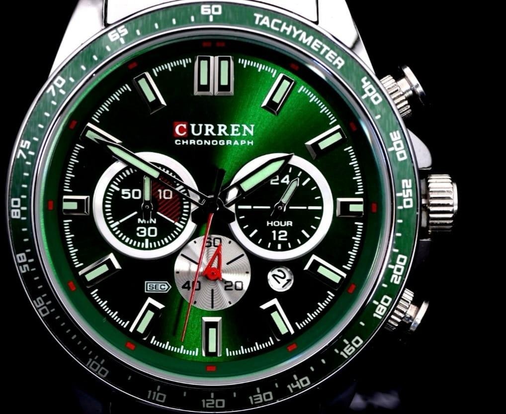 Edle Herren Männer Armband Uhr Chronograph Stoppuhr Datum Grün Silber Farben NEU2