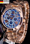 Excellanc Damen Uhr Roségold Blau Farben Strass Armband Luxus Optik Elegant0