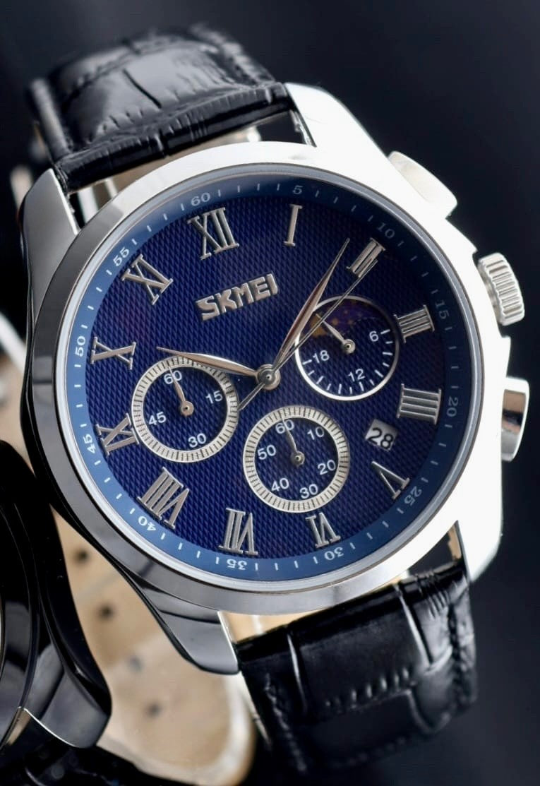 SKM - HERRENUHR - CHRONOGRAPH - DATUM - KLASSISCH- LEDER - BLAU - 44MM - NEU0