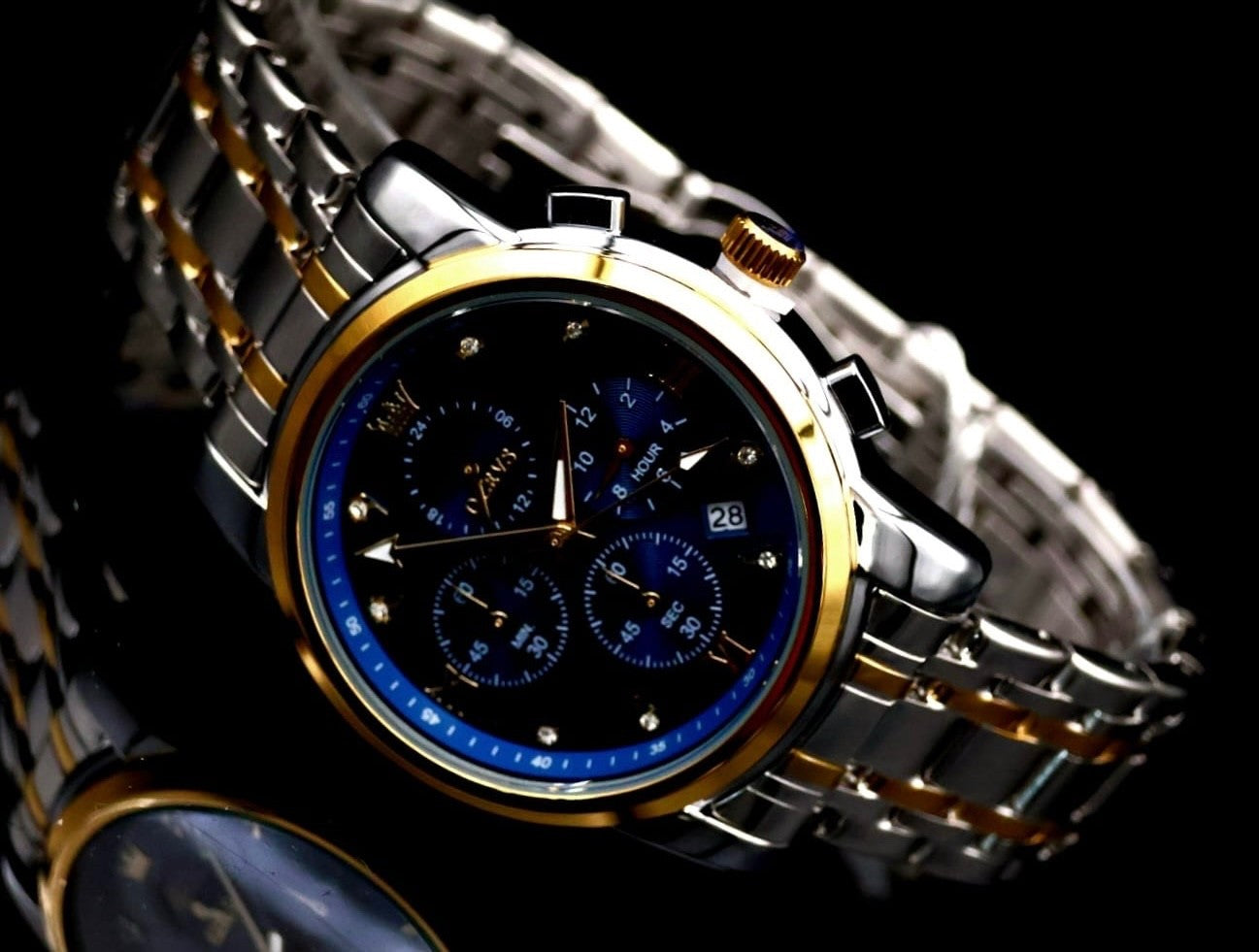 Herren Männer Armband Uhr Chronograph Stoppuhr Datum Silber Gold Farben Bicolor1