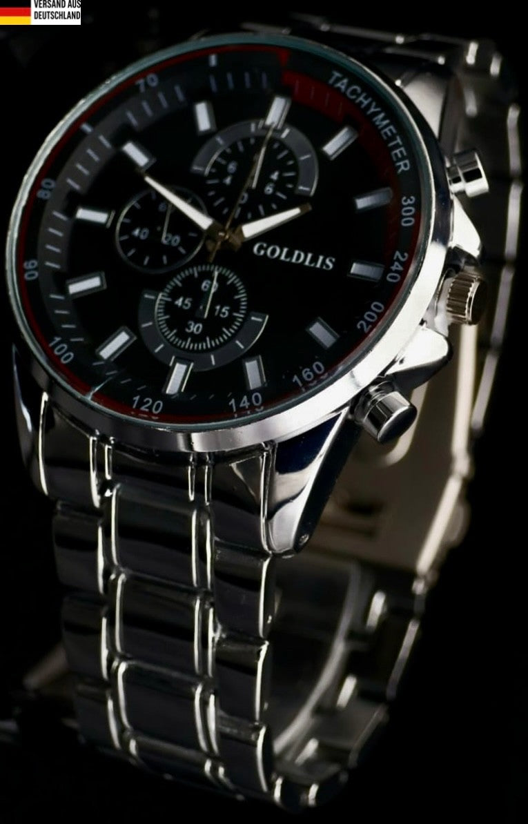 XL Herren Armband Männer Uhr  Schwarz Silber Farben Chrono Look Quarz *NEU * 720