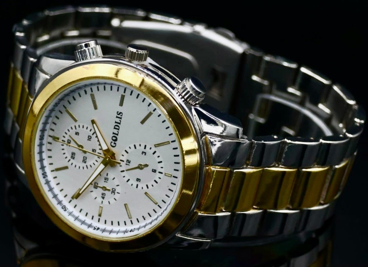 Herren Armband Männer Uhr Silber Gold Farben Bicolor Chrono Look ¨1