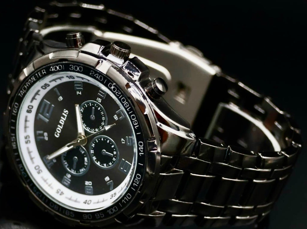 Mega Edle XL Herren Armband Männer Uhr Schwarz Keramik Look Chrono Look NEU1