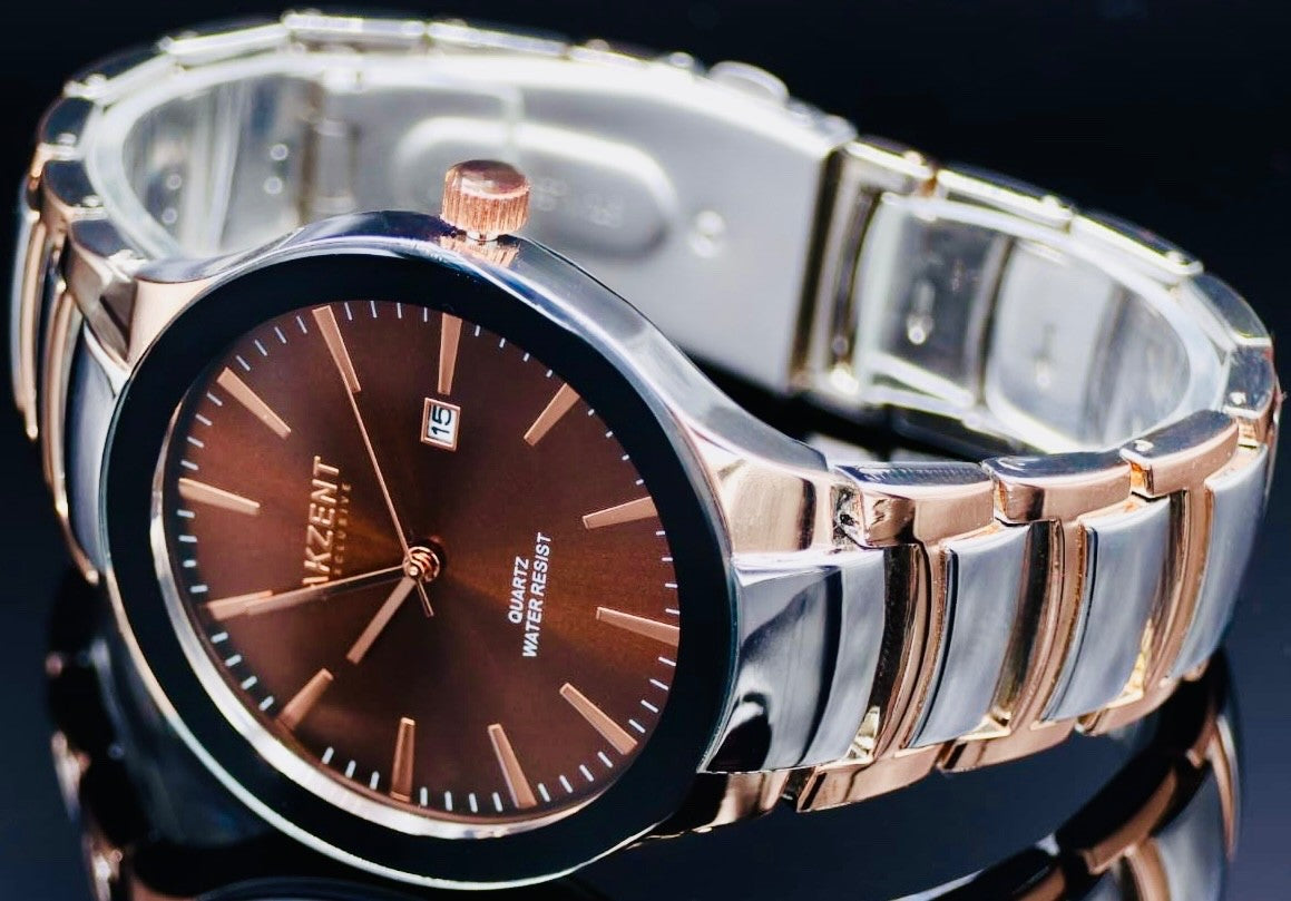 Akzent Herren Männer Armband Uhr  Silber Rose Gold Braun Farben Datum1