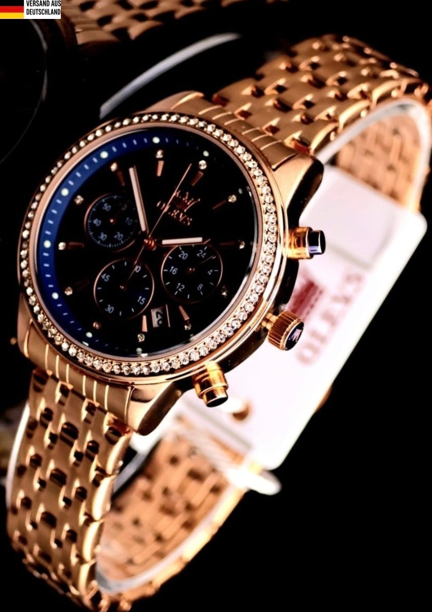 Edle Damen Armband Uhr Chronograph Stoppuhr Datum Blau Rose Gold Farben NEU0