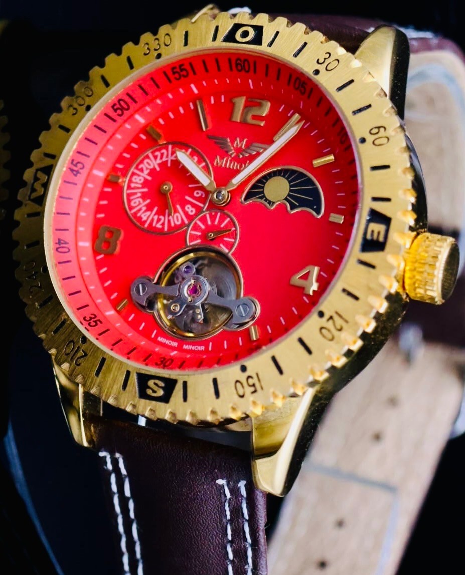 Edle Herren Uhr Automatik Armbanduhr Rot Braun Farben Minoir Herrenuhr Lederband2