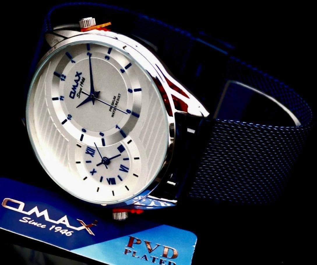 Omax Herren Armband Uhr Blau Mesh Armband Dual Timer  NEU mit Box *1