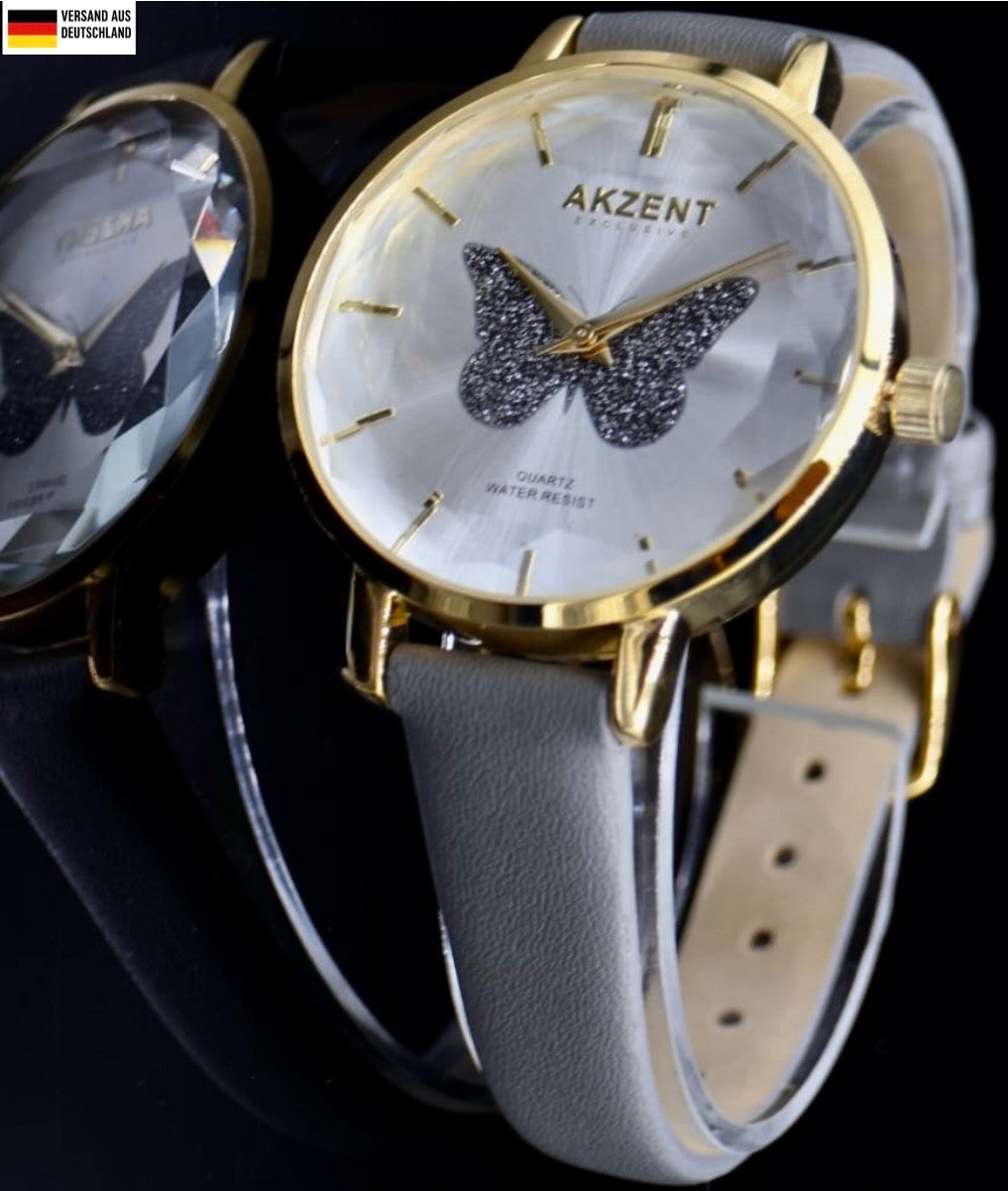 Top Akzent Exclusive Damen Armband Uhr Gold Grau Damenuhr Schmetterling Design310