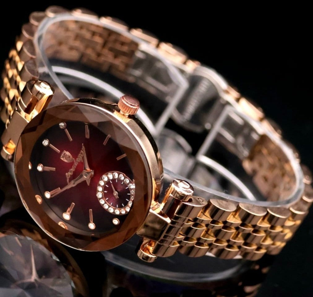 Mega Edle Damen Frauen Uhr Armbanduhr Rot Rosé Farben Chrono Look Strass Besatz1