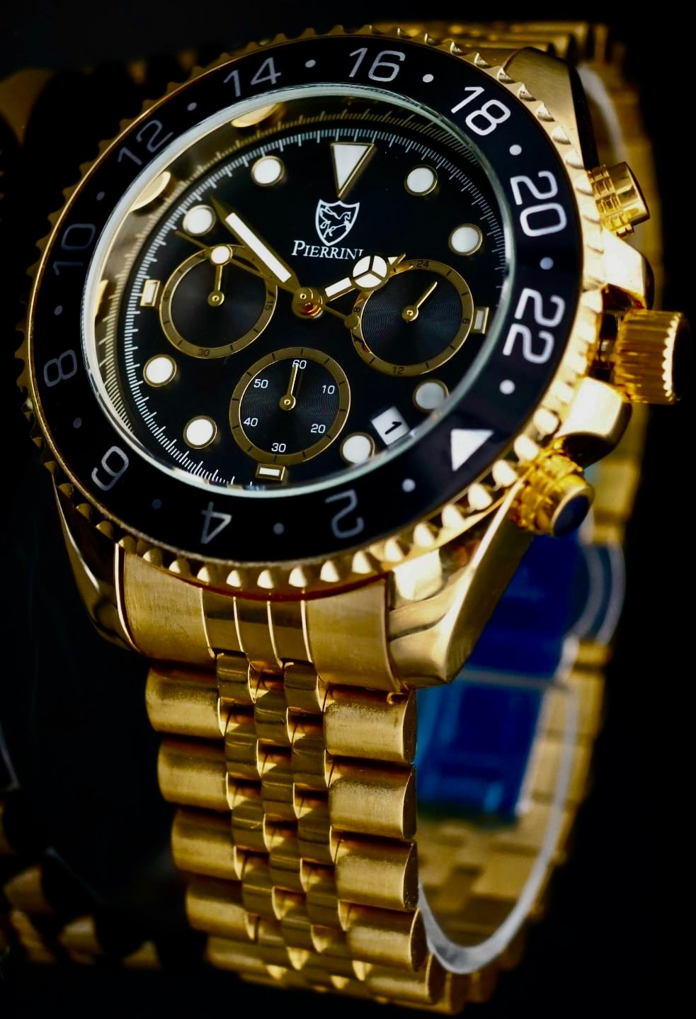 Pierrini Herren Armband Uhr Chronograph Stoppuhr Datum Schwarz Gold Farben0