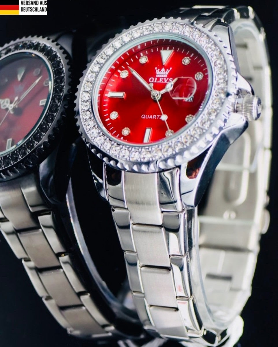 OLEVS Damen Frauen Armband Uhr Rot Silber Farben Strassbesatz & Datumsanzeige0