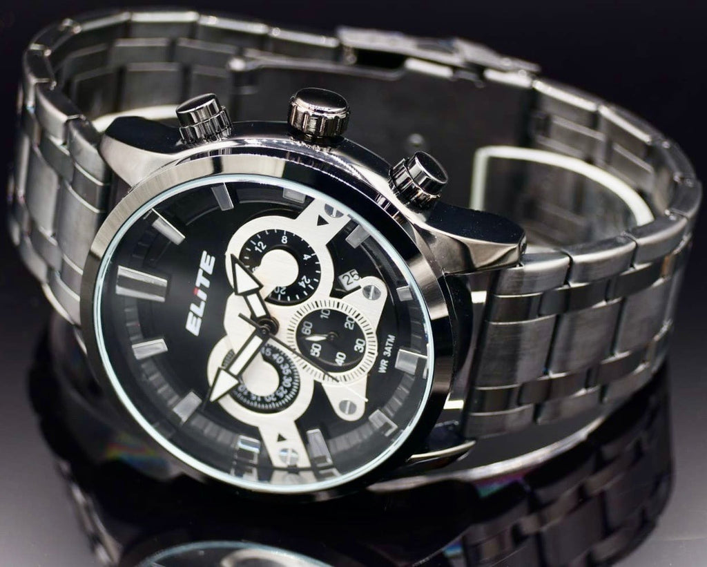 Elite Herren Edelstahl Armband Uhr Chronograph Schwarz Silber  Farben Datum NEU1