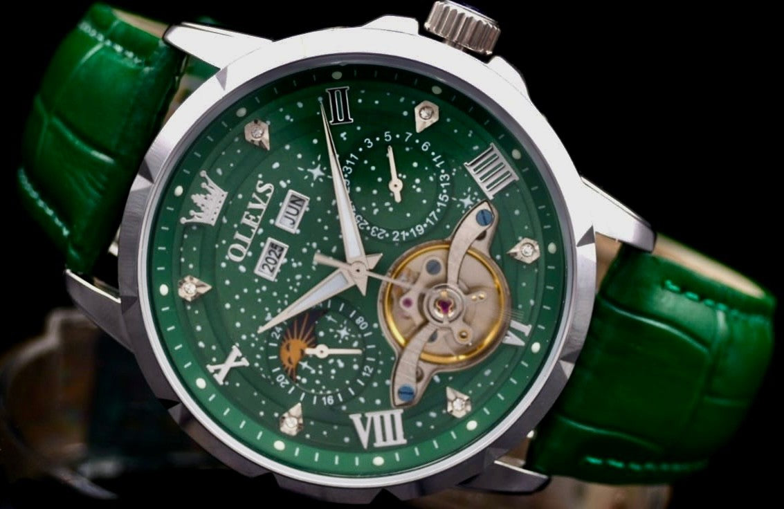 OLEVS Automatik Herren Männer Uhr Automatikuhr Grün Silber Farben Vollkalender1