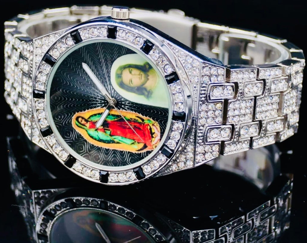 Kingstar Herren Armband Herren Uhr Schwarz Silber Farben Strass Neu *1