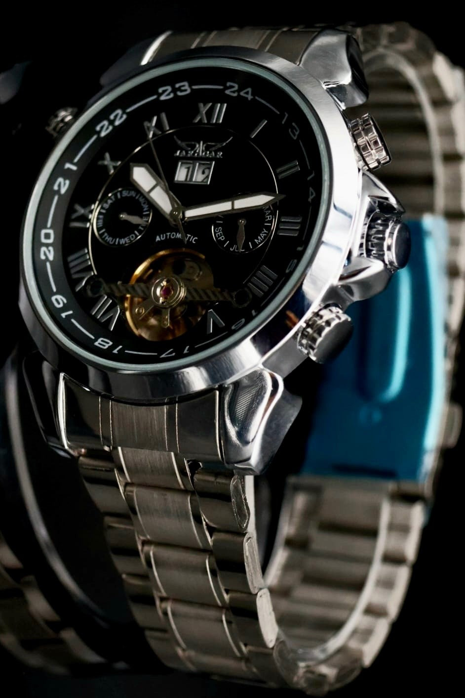 JARAGAR Herren Automatik Uhr  Herrenuhr Silber Schwarz Luxus - Offene Unruh Top1