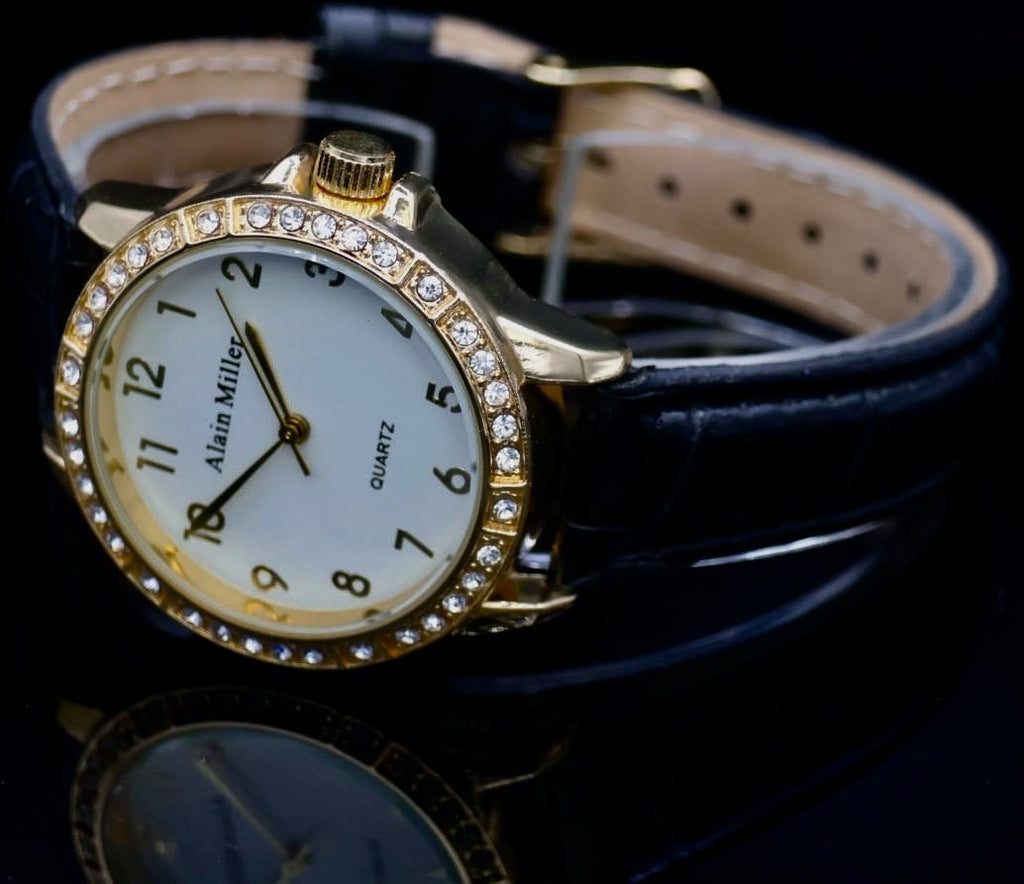 Alain Miller Damen Frauen Armband Uhr Schwarz Gold Farben Damenuhr Crystal 011