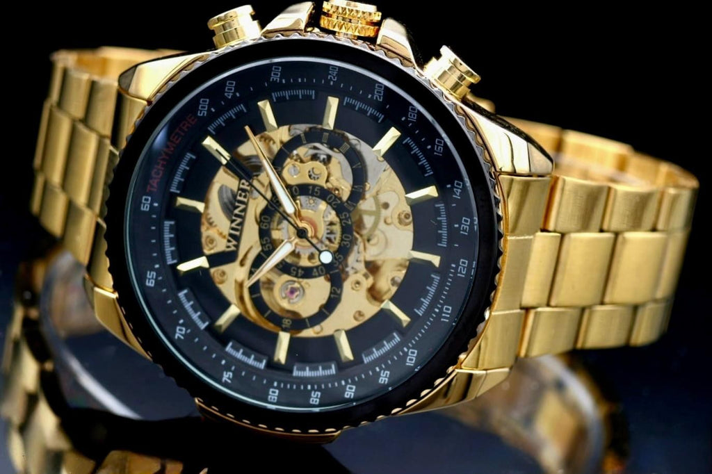 T-Winner Herren Automatikuhr Gold Schwarz Mechanisch Edelstahl Skelett Uhr Luxus1