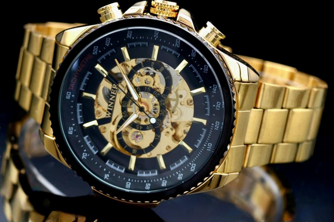 T-Winner Herren Automatikuhr Gold Schwarz Mechanisch Edelstahl Skelett Uhr Luxus1