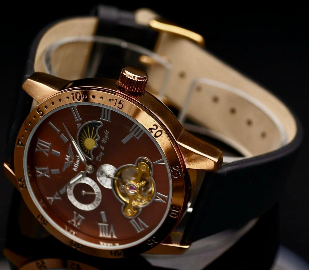 Minoir Automatik Herren Armbanduhr Modern mechanisch mit Glasboden Braun Farben2