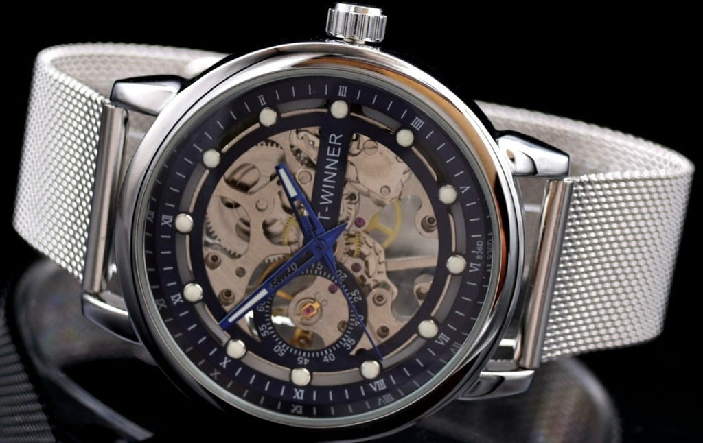 T-Winner Herren Automatikuhr Silber Schwarz Mechanisch Skelett Uhr Luxus Design1