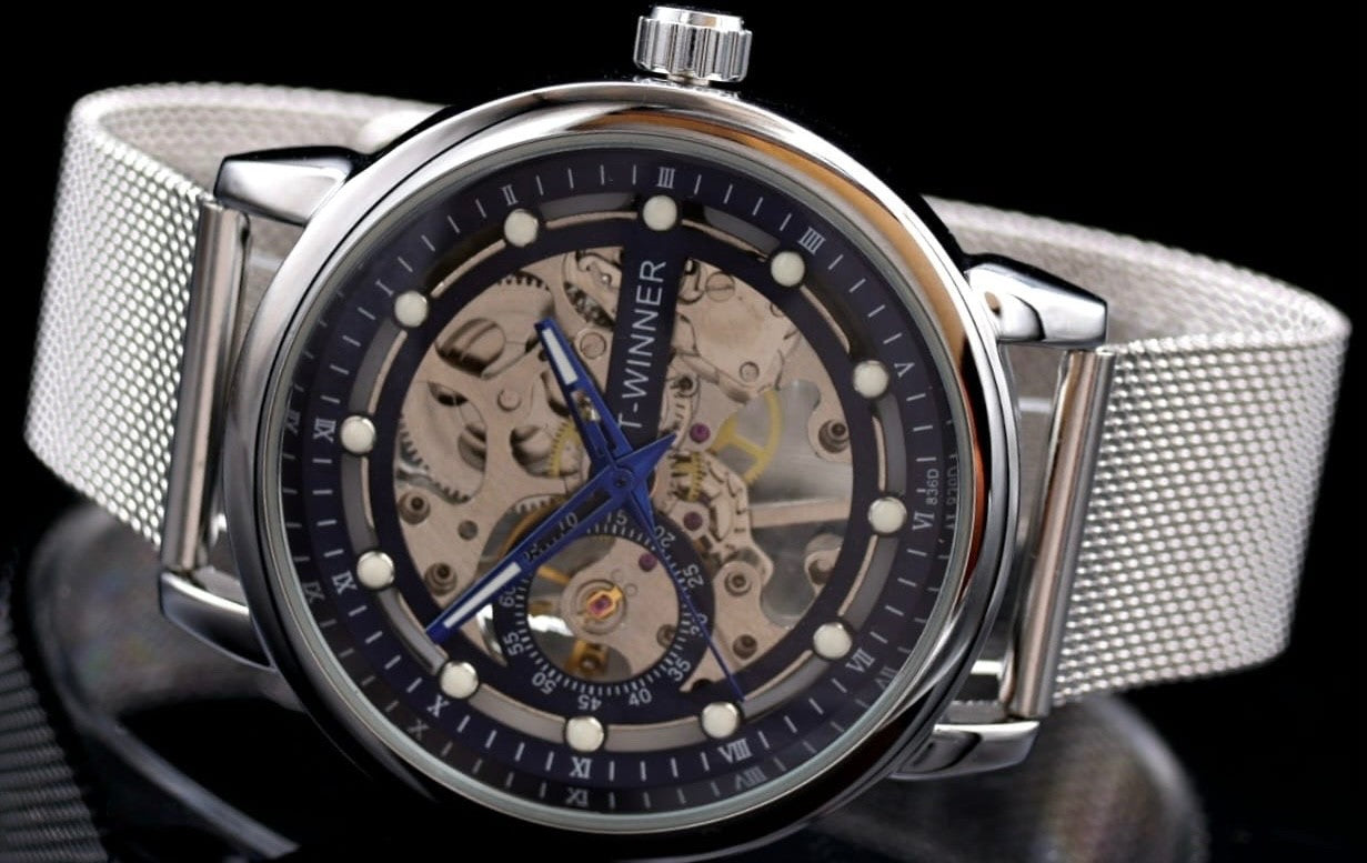 T-Winner Herren Automatikuhr Silber Schwarz Mechanisch Skelett Uhr Luxus Design1