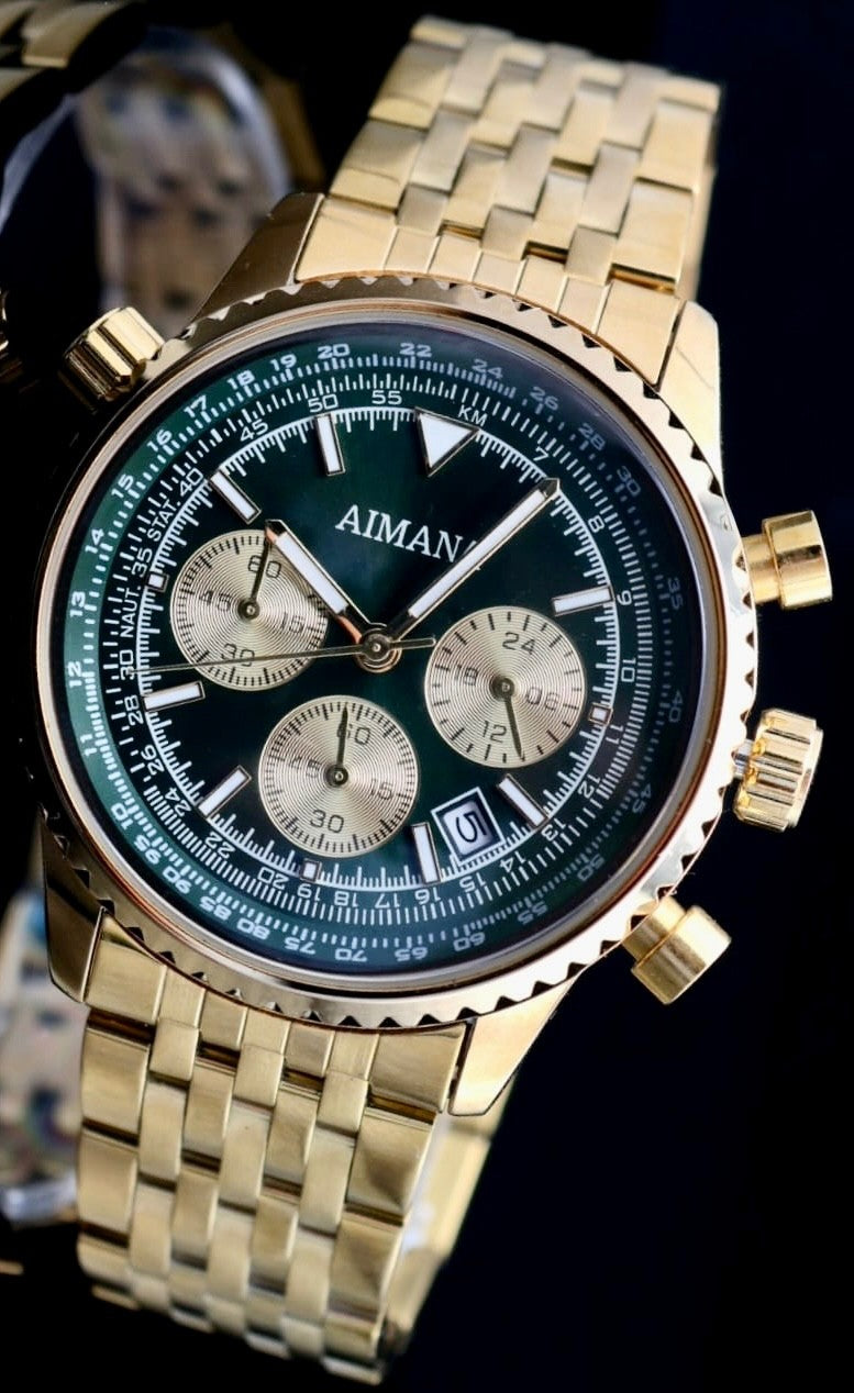 AIMANA - HERREN - CHRONOGRAPH - DATUM - STOPPFUNKTION - 44MM - GRÜN / GOLD - NEU0