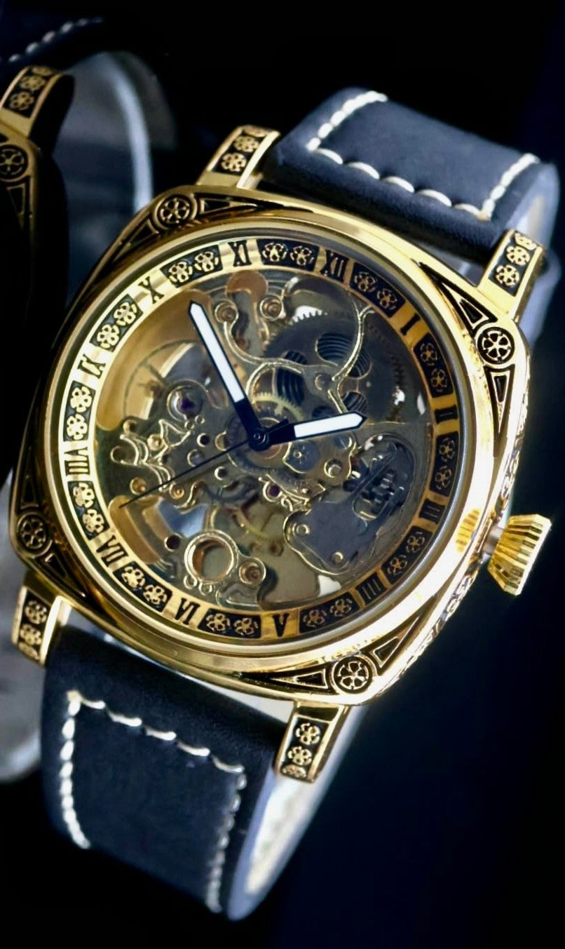 CAROTIF - AUTOMATIK - WATCH - VINTAGE - STYLE - LEDER - SCHWARZ - 42X42MM - NEU1