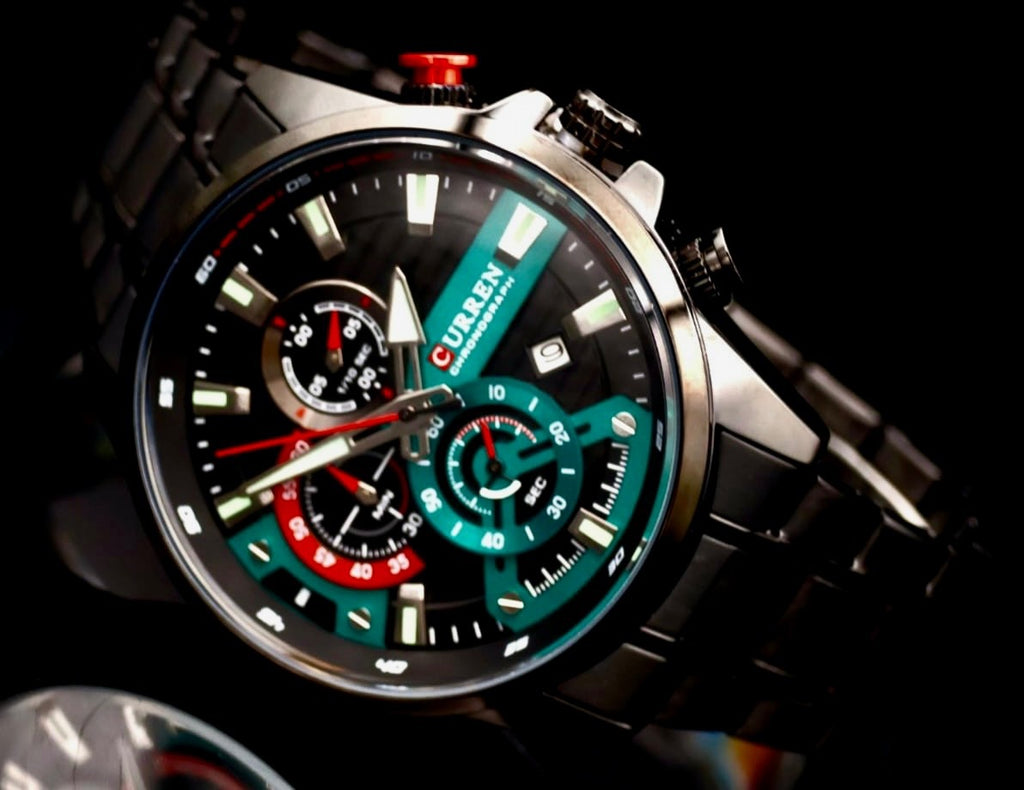 Herren Armband Uhr Edelstahl Chronograph Stoppuhr Datum Schwarz Grün Farben1