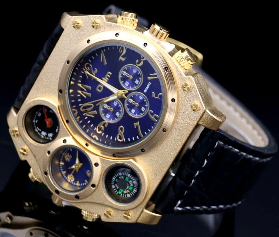 XL Herren Männer Dual Timer Uhr Herrenuhr Blau Gold Farben Kompass & Thermometer1
