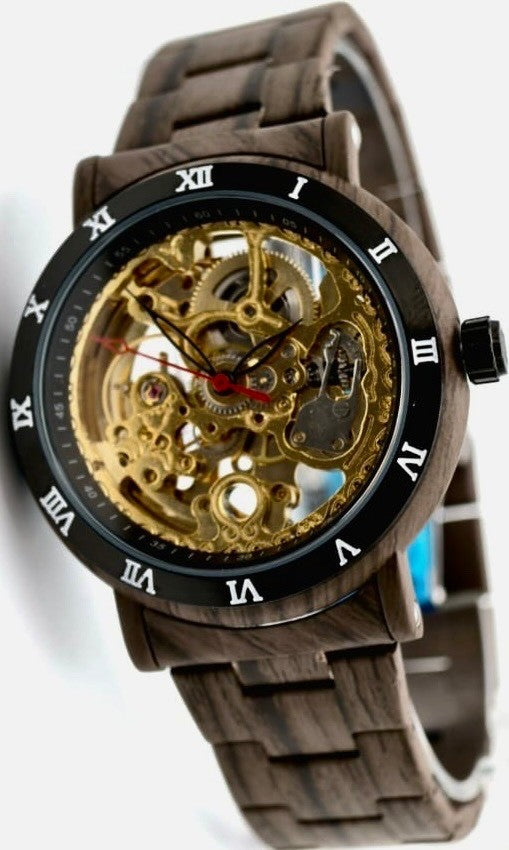 Sportliche Herren Männer Automatik Uhr Blau Gold Farben mit Lederarmband NEU0