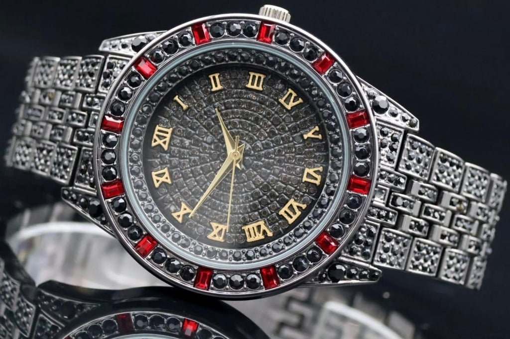 Kingstar Herren Armband Uhr Schwarz Silber Farben Strass Antik Look Neu1