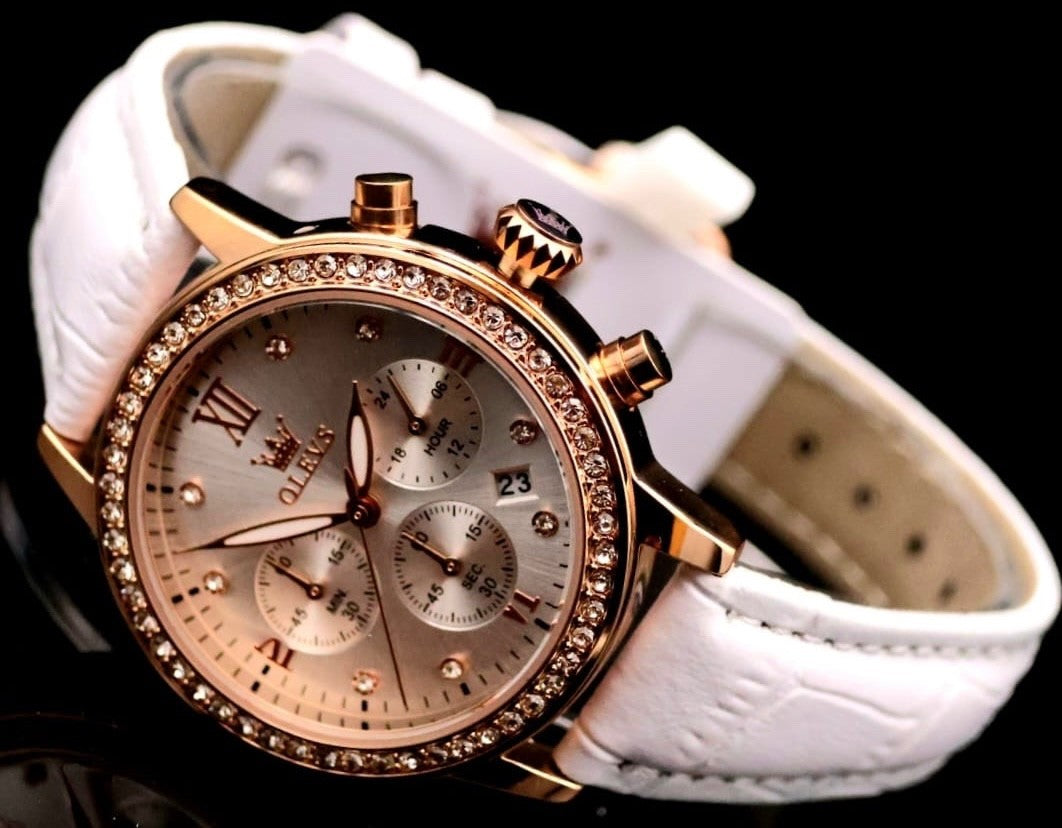 Mega Edle Damen Armband Uhr Chronograph Stoppuhr Datum Silber Rose Gold Farben1