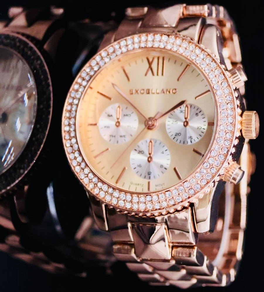 Excellanc Damen Frauen Armband Uhr Roségold Farben Damenuhr Chrono-Look Strass *1