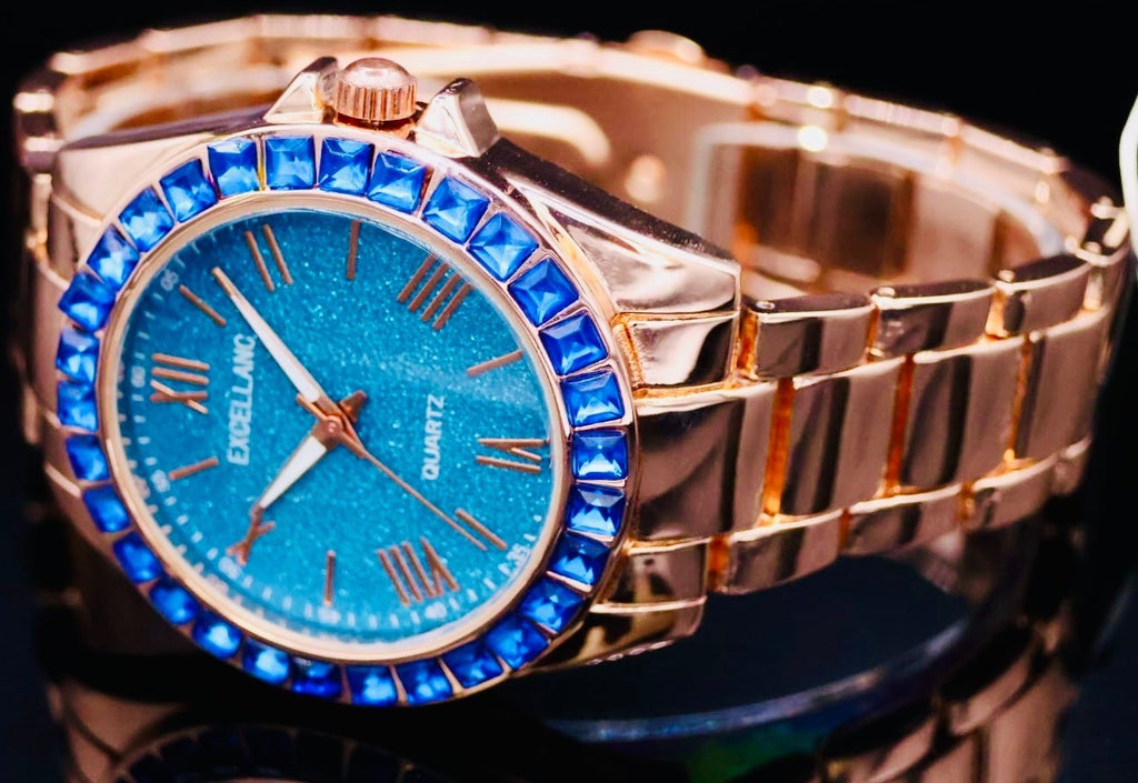 Excellanc Damen Armband Uhr Blau Rosé Farben Damenuhr Mineralglas Crystal Edel 31