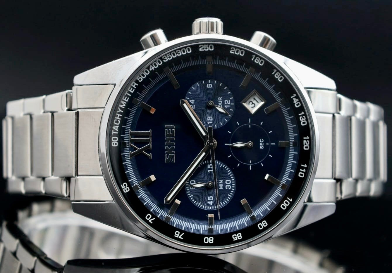 SKM - HERREN - UHR - CHRONOGRAPH - DATUM - STOPPUHR - EDELSTAHL - SILBERFARBEN1