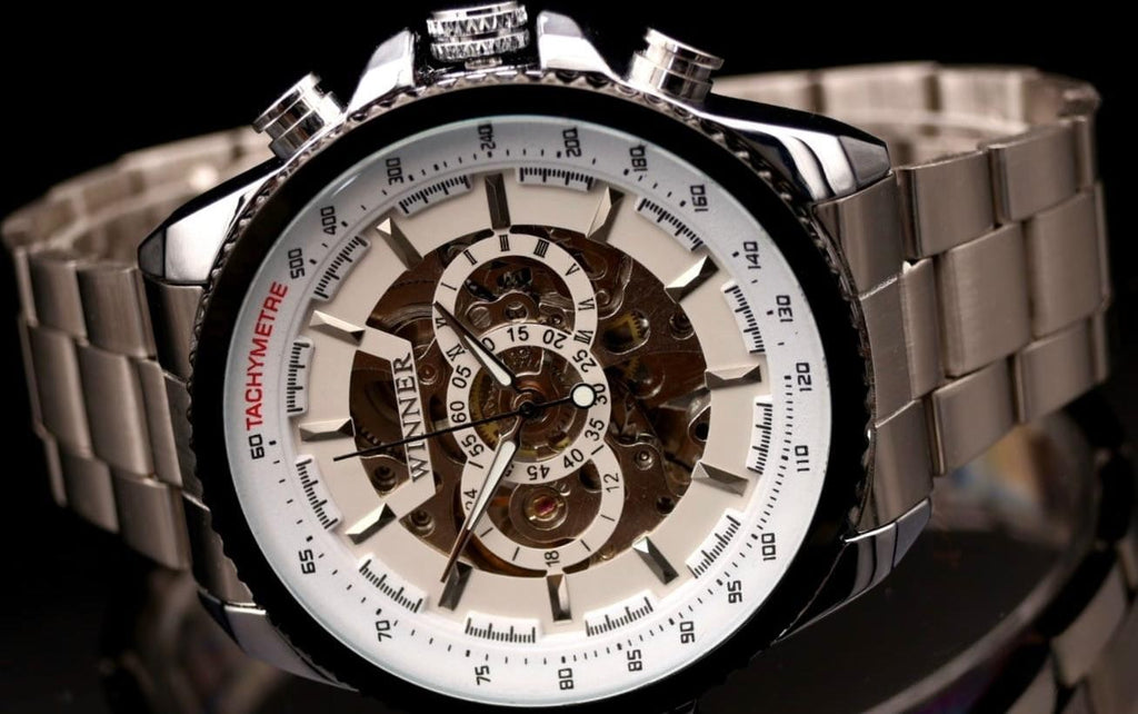 T-Winner Herren Automatikuhr Weiß Silber Mechanisch Edelstahl Skelett Uhr Luxus1