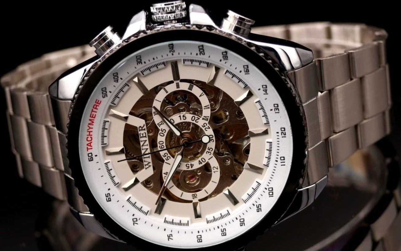 T-Winner Herren Automatikuhr Weiß Silber Mechanisch Edelstahl Skelett Uhr Luxus1