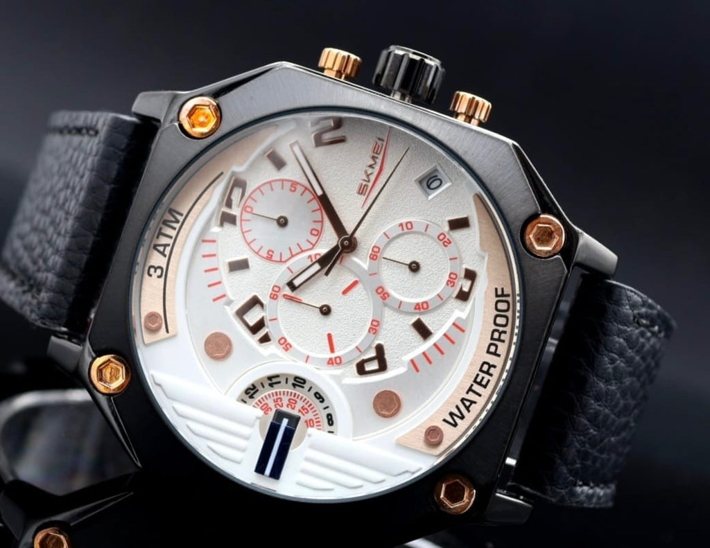 HERRENUHR - SKM - CHRONOGRAPH - STOPPUHR - DATUM - LEDER - SPORT - 48X48MM - NEU1