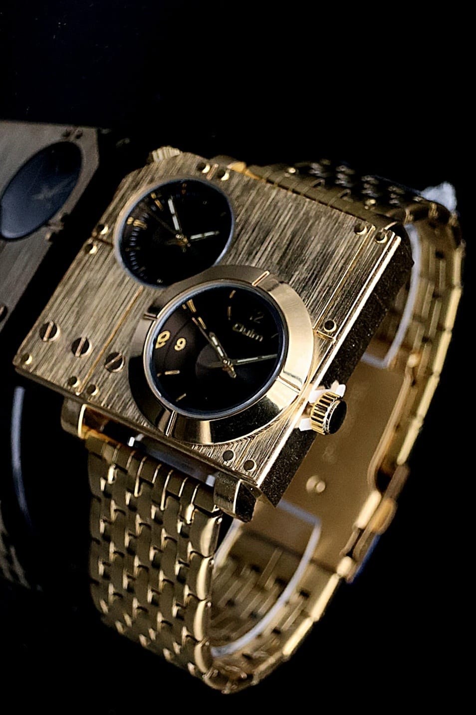 Edle XL Watch Herren Armband Uhr Dual Timer Schwarz Gold Farben Herrenuhr NEU0