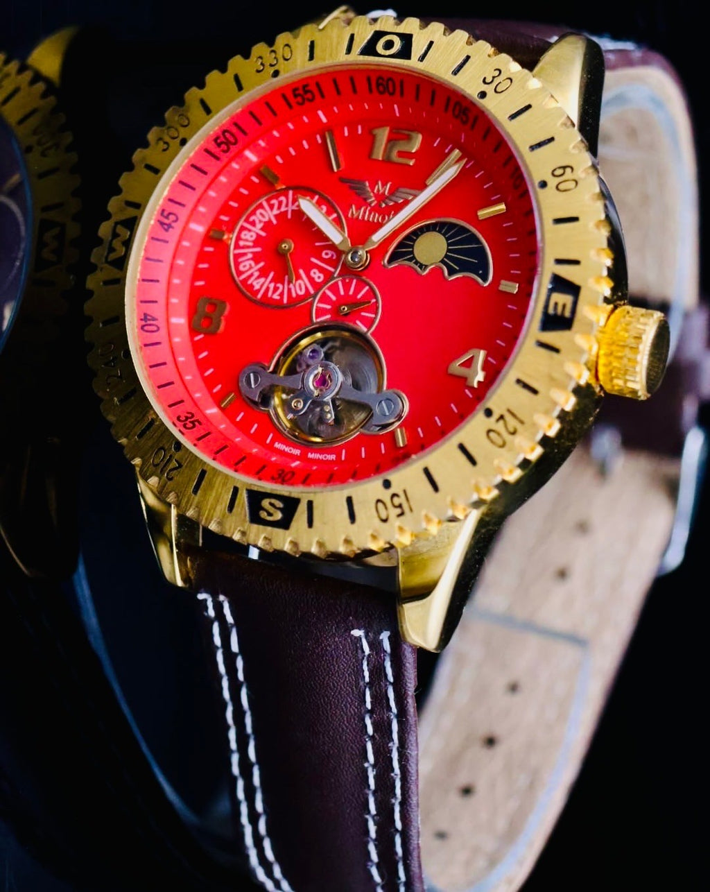 Edle Herren Uhr Automatik Armbanduhr Rot Braun Farben Minoir Herrenuhr Lederband1