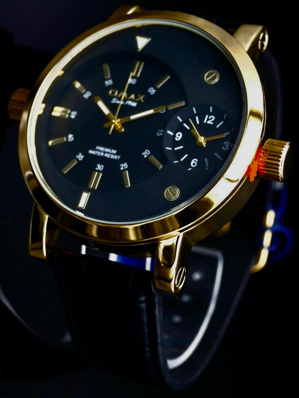 Omax XXL Monster Watch Herren Armband Uhr Schwarz Gold Farben Dual Timer NEU0