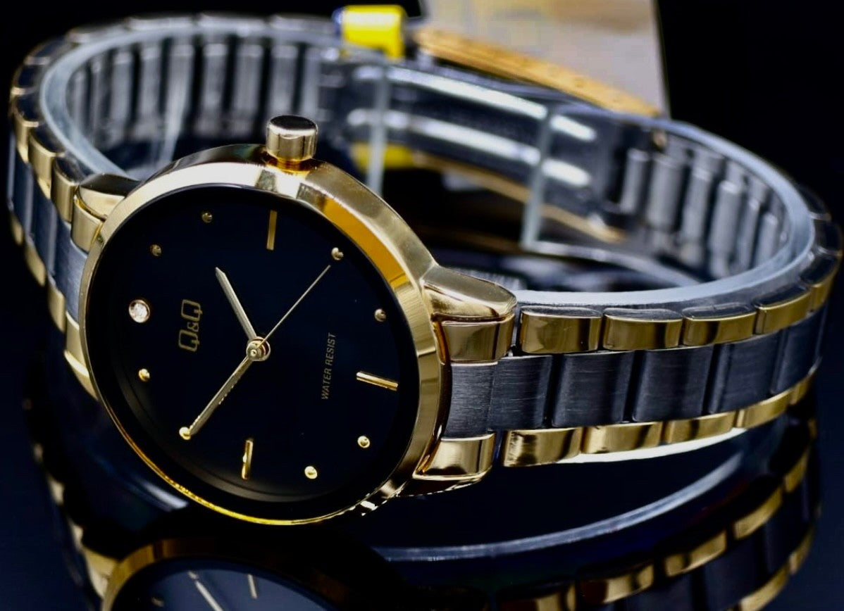 Edle Q&Q Damen Frauen Edelstahl Armband Uhr Schwarz Bicolor Farben Damenuhr1