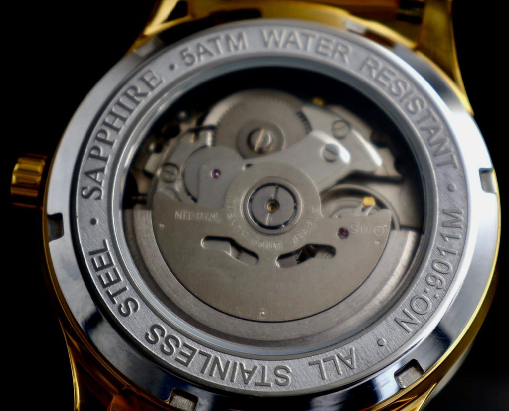 Lobinni Herren Männer Automatik Uhr Gold Farben Datum Glasboden NEU3