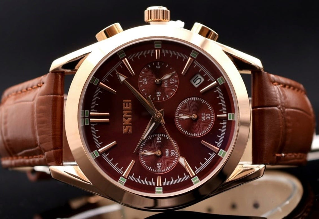 SKM - HERRENUHR - CHRONOGRAPH - DATUM - SEKUNDEN ANZEIGE - LEDER - BRAUN - 42MM1