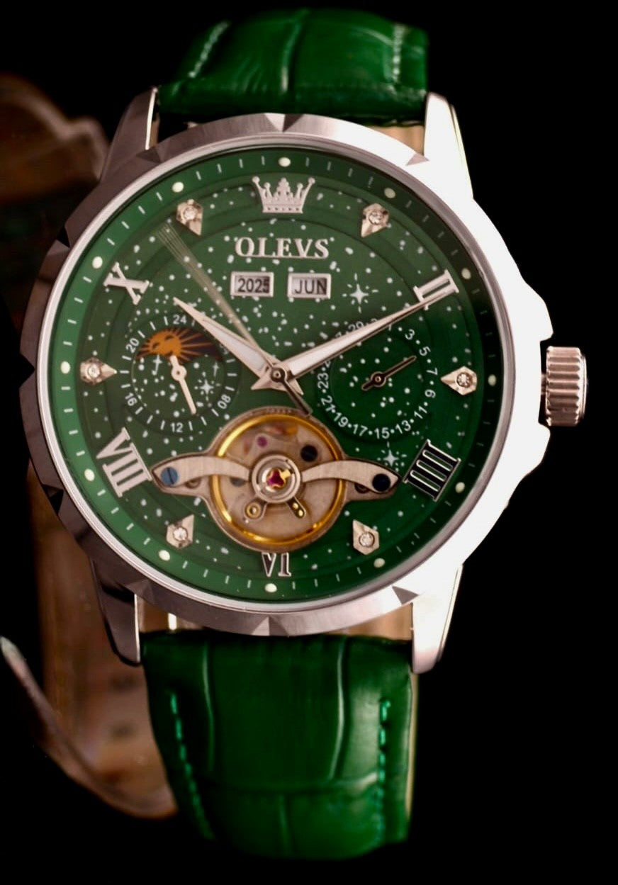OLEVS Automatik Herren Männer Uhr Automatikuhr Grün Silber Farben Vollkalender2