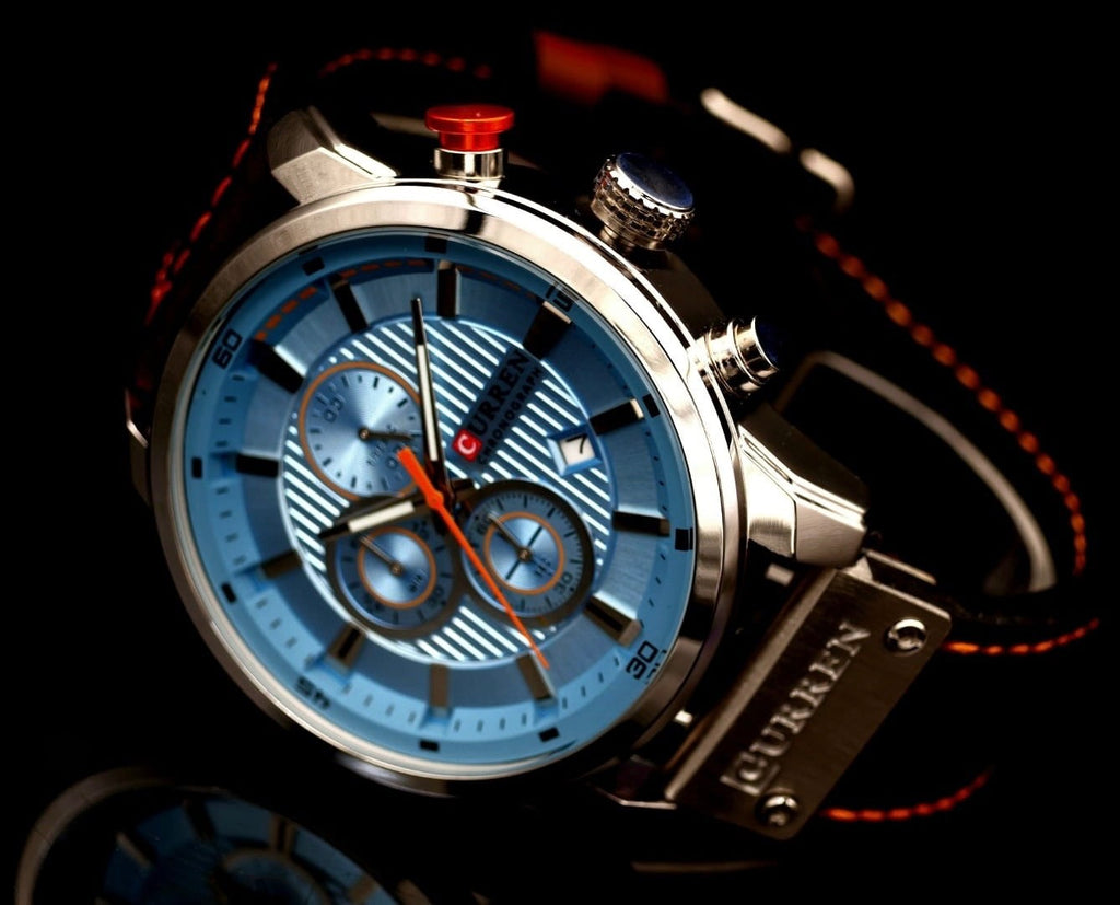 Edle Herren Männer Armband Uhr Chronograph Stoppuhr Datum NEU Blau Braun Farben1