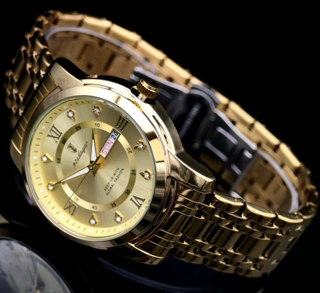 Herren Edelstahl Armband Uhr Herrenuhr GoldFarben mit Tag/Datumsanzeige Strass2